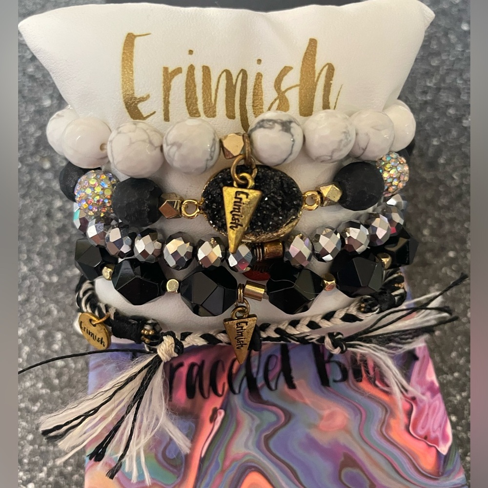 Erimish 5 Stack Bracelets black, white, silver, gold with box.